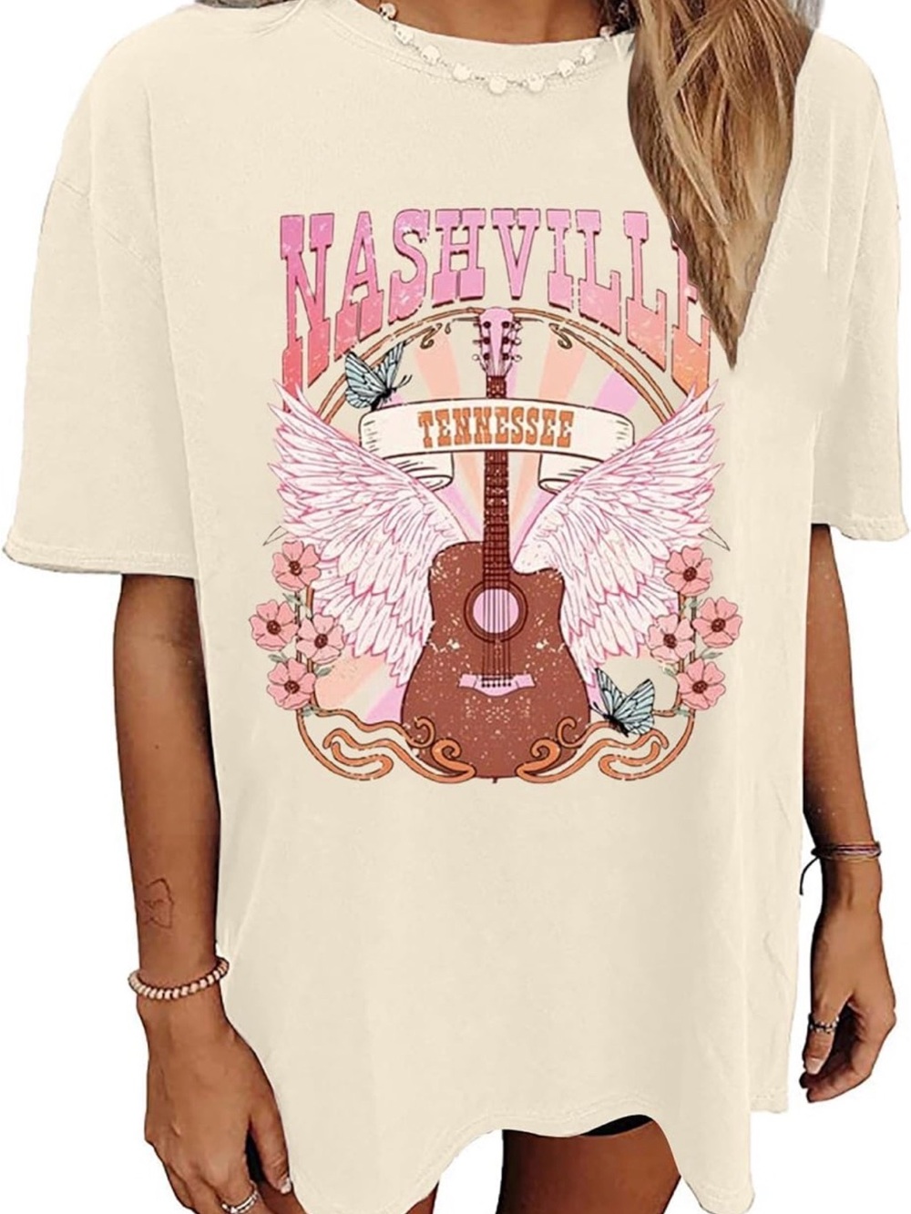Nashville Music City Graphic Tee - Cream with Pink Accents